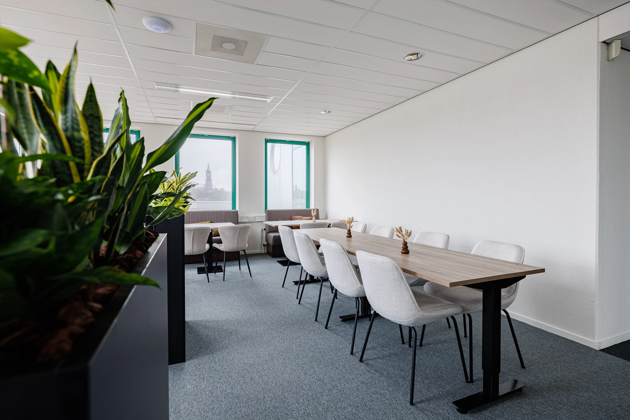 Een moderne vergaderruimte met houten tafels, witte stoelen en grote ramen met planten op de voorgrond.