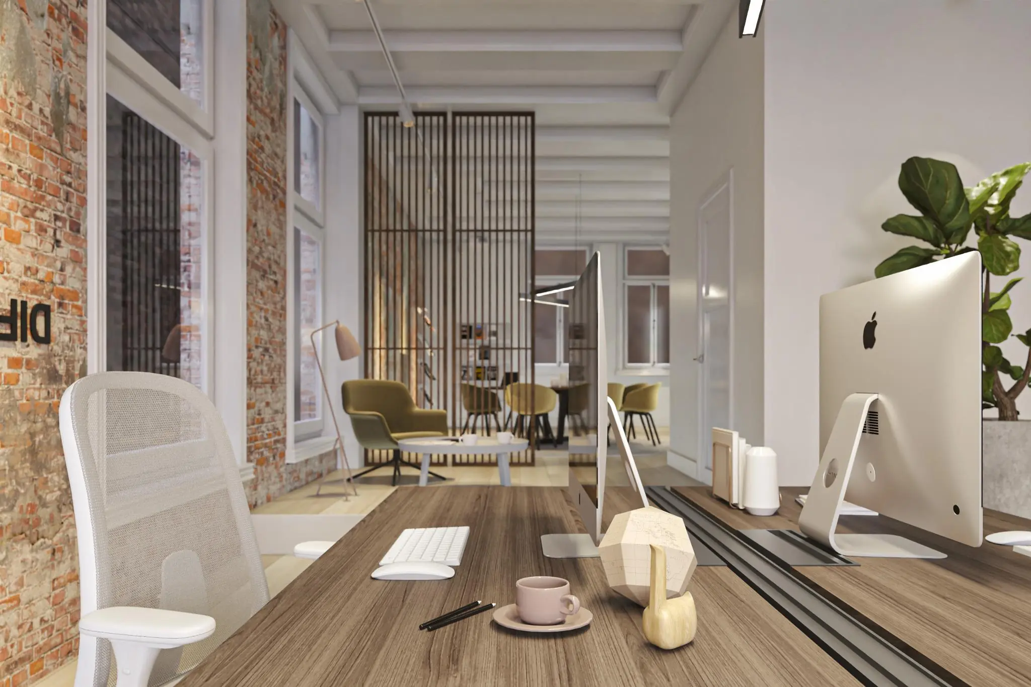 Modern kantoorinterieur aan het Rokin met houten bureaus, iMacs, designmeubilair en een industrieel bakstenen muur.