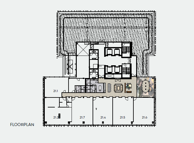 Plattegrond van kantoorverdieping aan de Strawinskylaan met genummerde ruimtes en gemeenschappelijke voorzieningen.