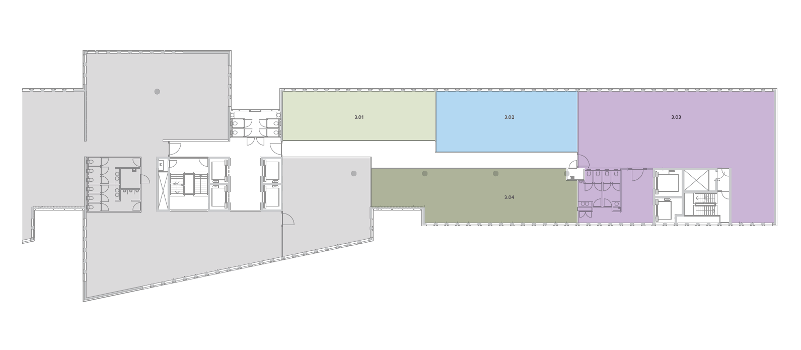 Plattegrond van de derde verdieping van een kantoorgebouw aan de Jachthavenweg met ruimtes 3.01 t/m 3.04.