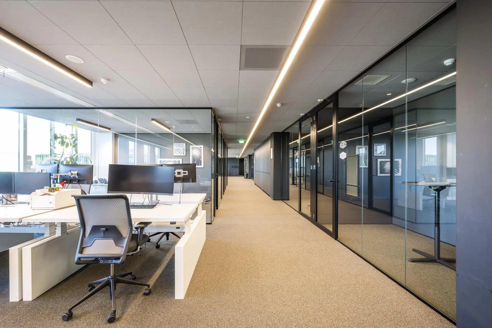 Moderne open kantoorruimte in Hoekenrode met werkplekken, glazen wanden en een strakke, goed verlichte gang.