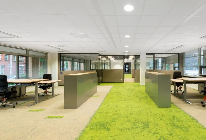 Modern kantoorpand aan het Spui met open werkplekken, glazen vergaderruimtes en een groen tapijtdesign.
