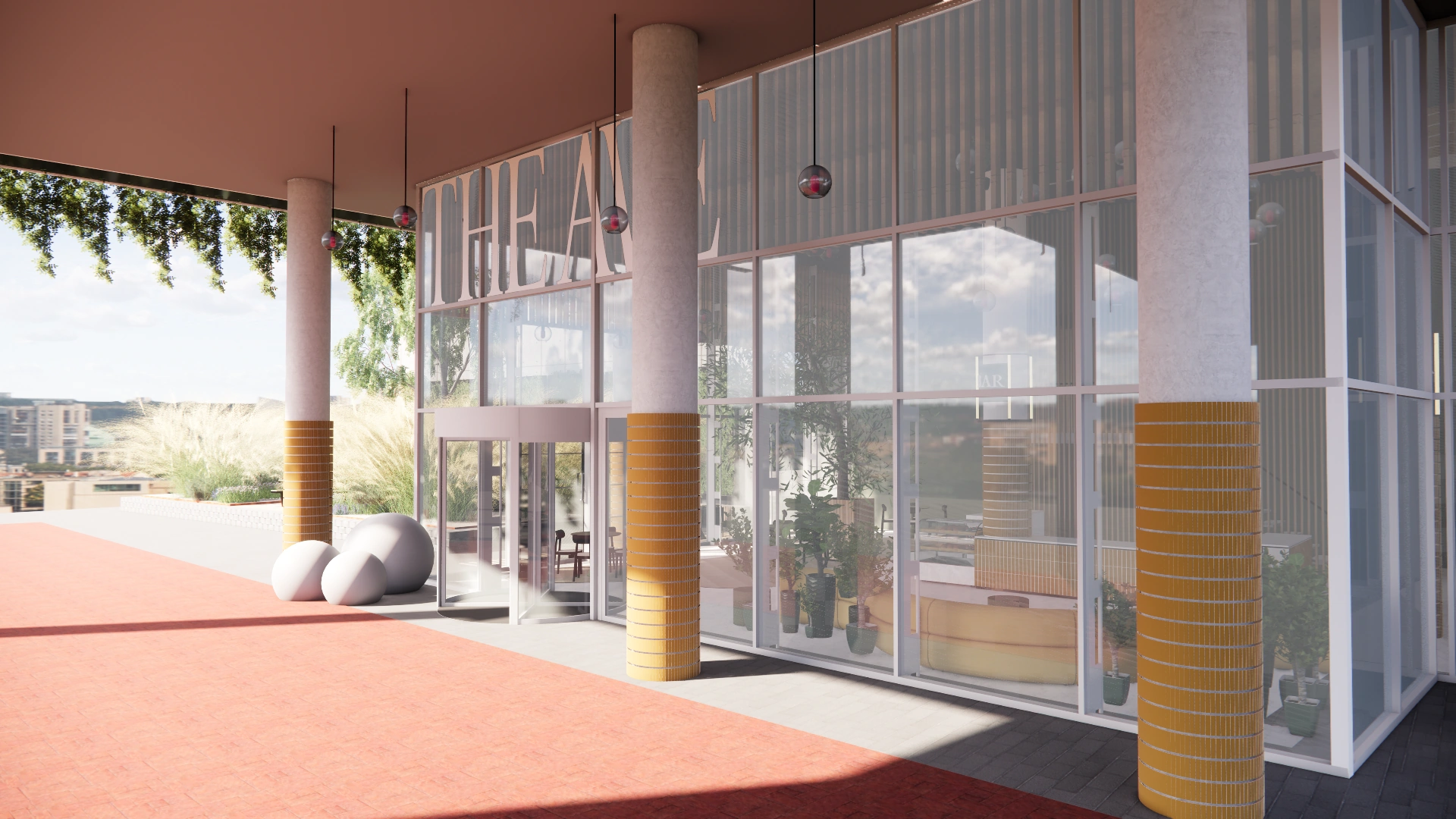 Moderne glazen entree van het Scorpius Theater met hoge zuilen en planten binnenin.