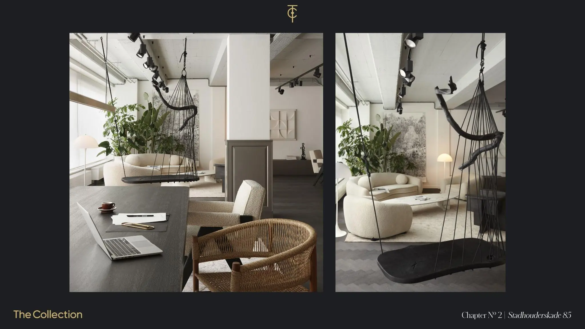 Modern ingericht interieur van The Collection aan de Stadhouderskade 85 met designmeubilair, een hangstoel en veel natuurlijke accenten.