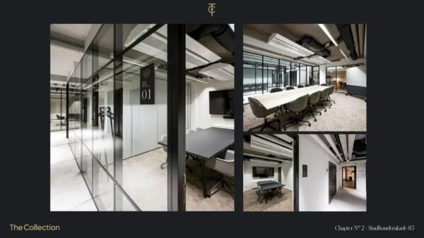 Moderne vergaderruimtes met glazen wanden en strakke inrichting in een kantoorpand aan de Stadhouderskade 85.