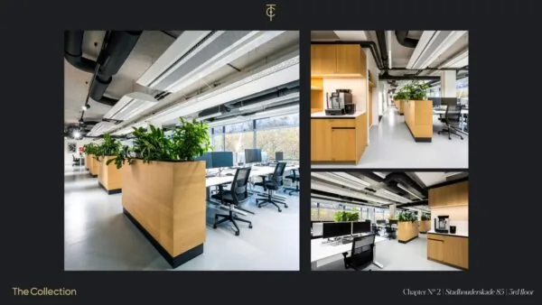 Modern ingericht kantoorinterieur op de derde verdieping van Stadhouderskade 85 met open werkplekken, houten plantenbakken en een koffiecorner.