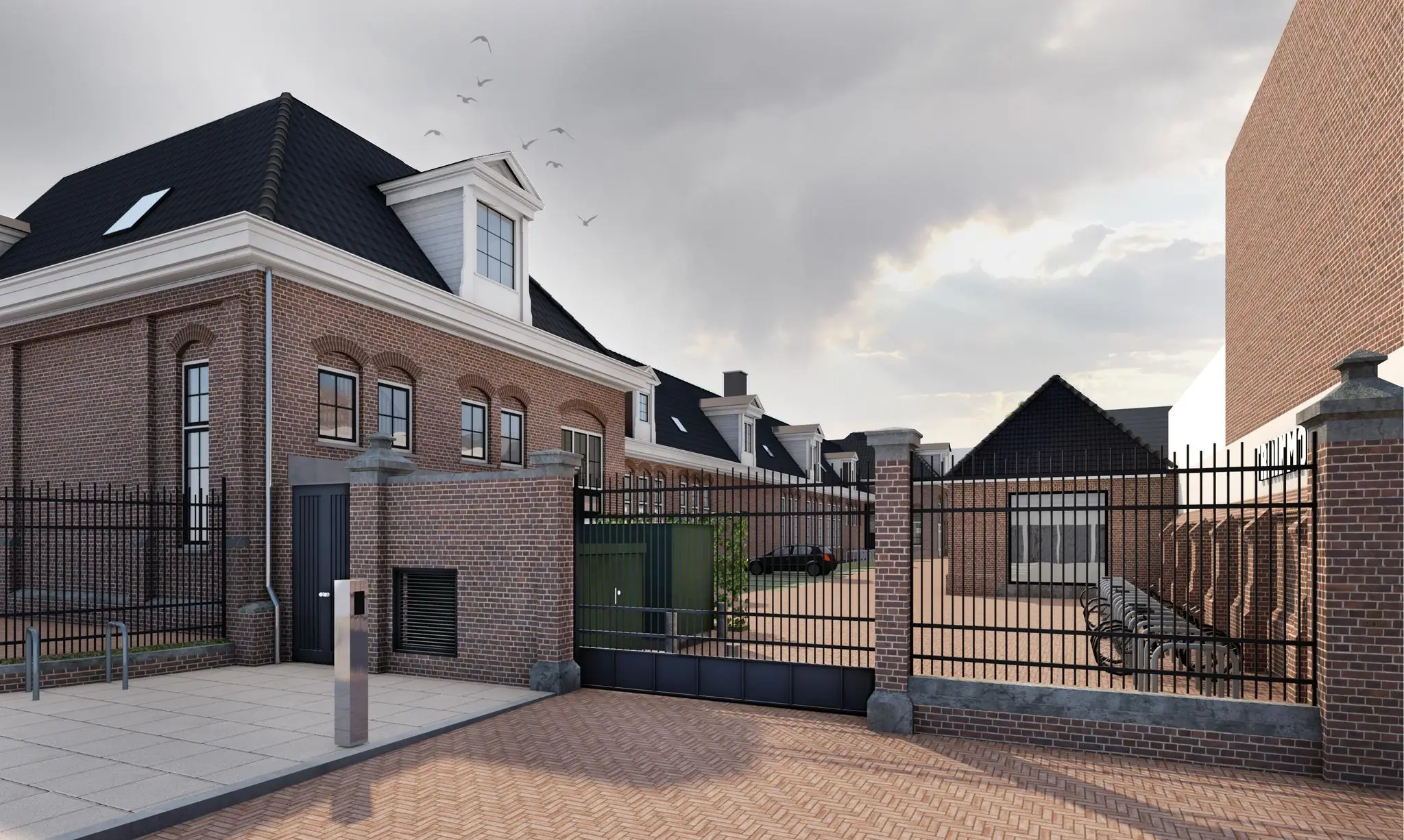 Ingang van een afgesloten binnenplaats aan de Leidseweg met herenhuizen, een fietsenstalling en geparkeerde auto.