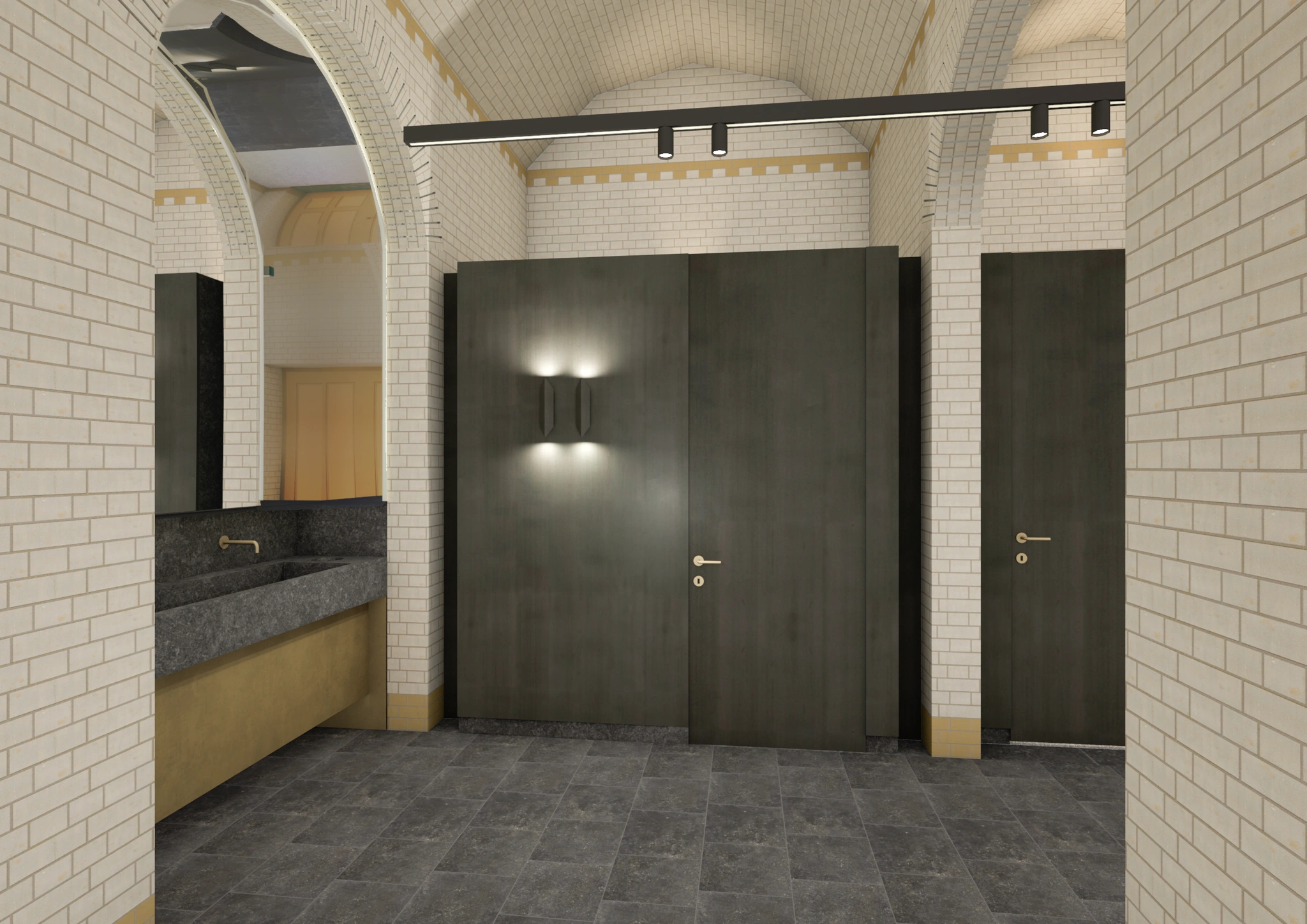 Moderne toiletruimte aan de Leidseweg met donkerhouten deuren, licht betegelde muren en een granieten wastafel.