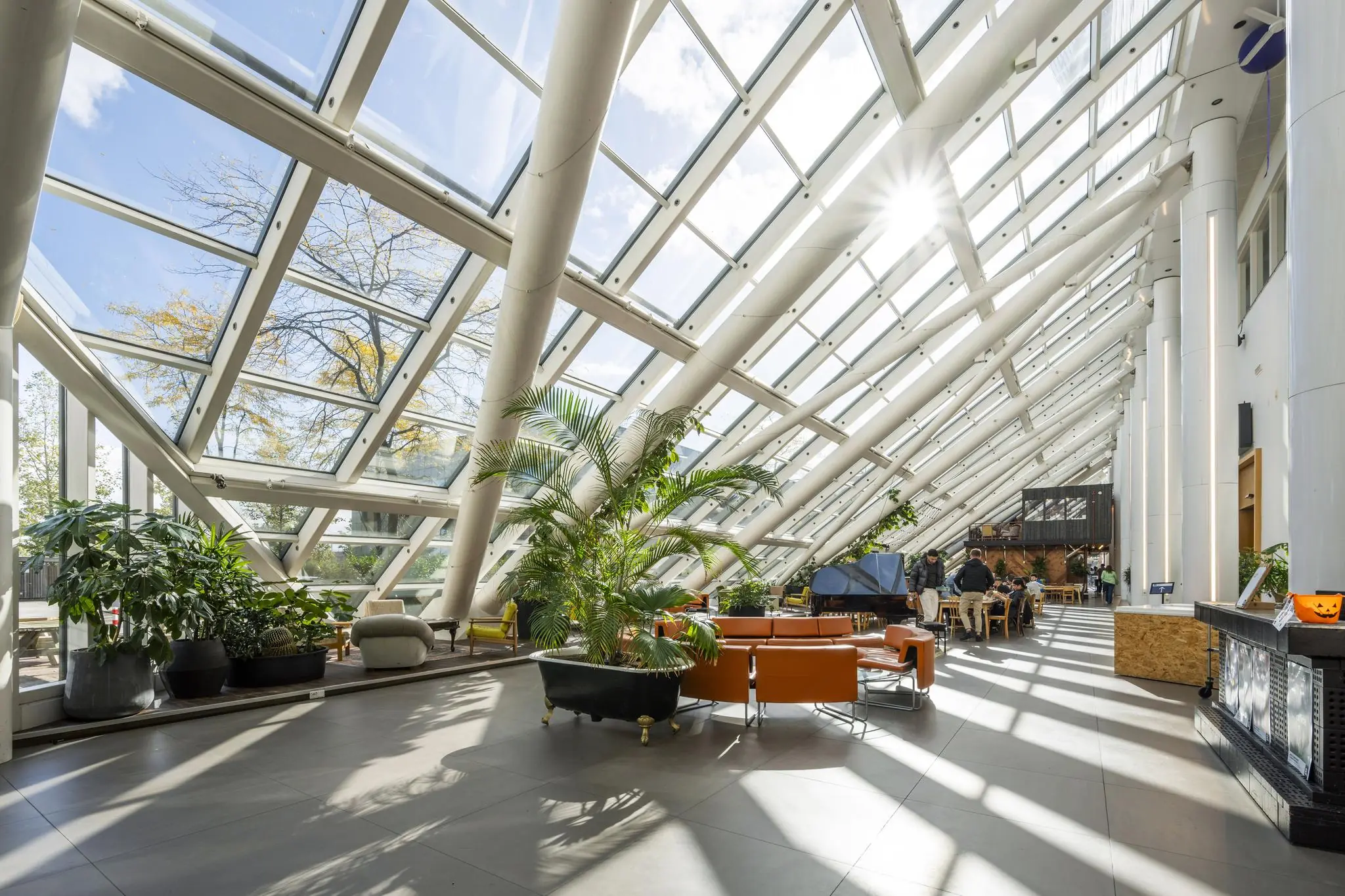 Lichte en moderne serre met schuine glazen wanden aan de Johan Huizingalaan, ingericht met planten, zitplaatsen en een piano.
