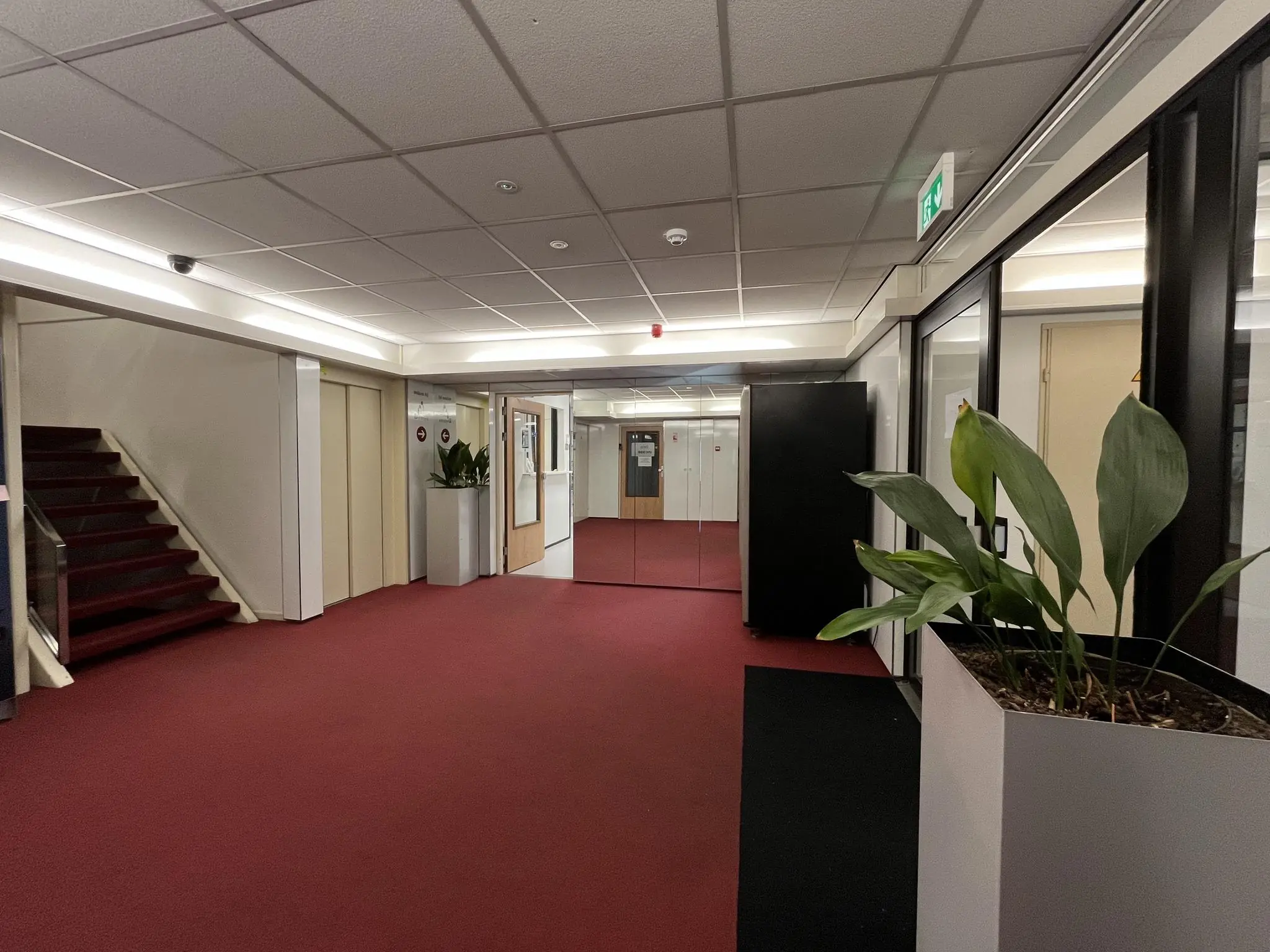 Ingangshal van een kantoorgebouw aan de Industrieweg met rode vloerbedekking, spiegelwand en plantenbakken.
