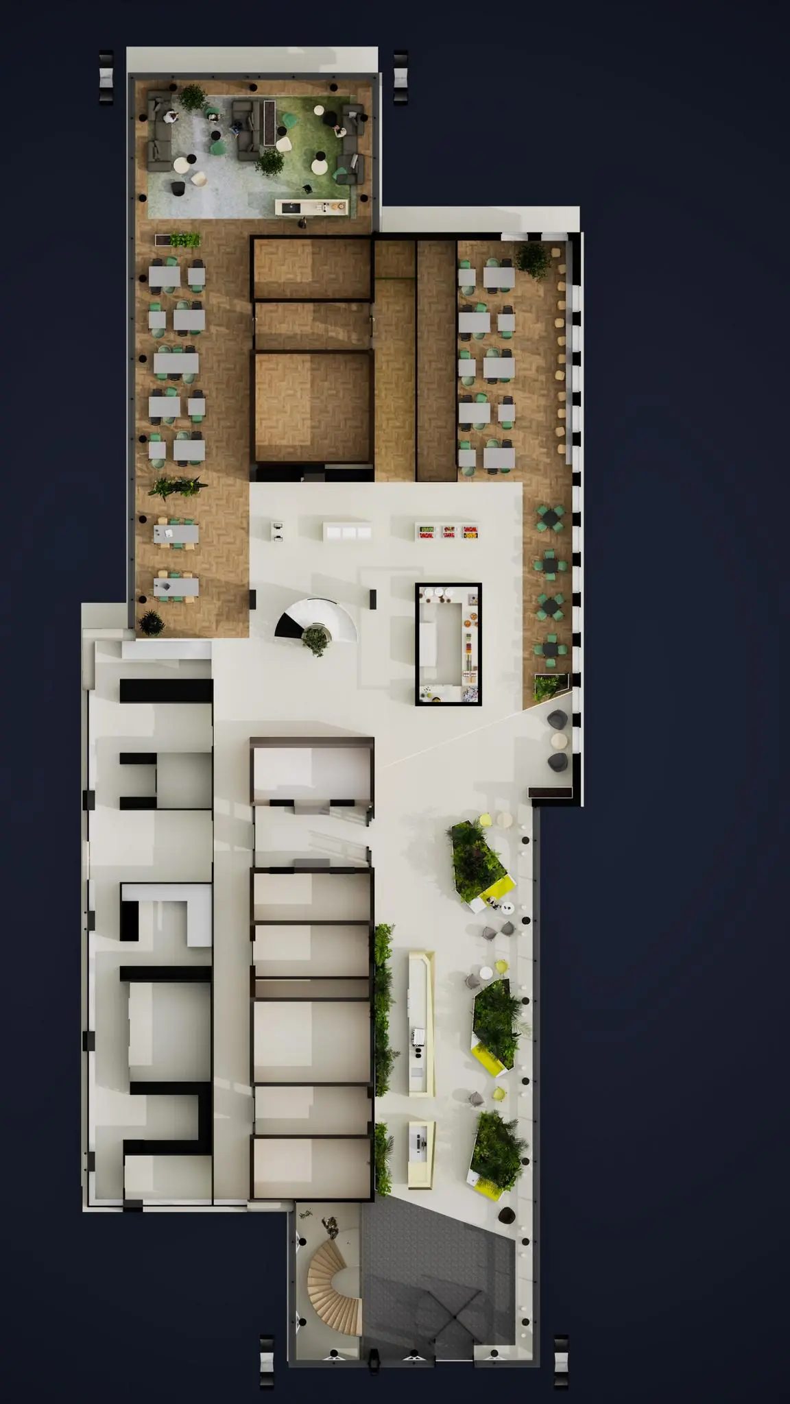 Bovenaanzicht van de plattegrond van De Entree met kantoren, vergaderruimtes, lounges en zitgedeeltes.