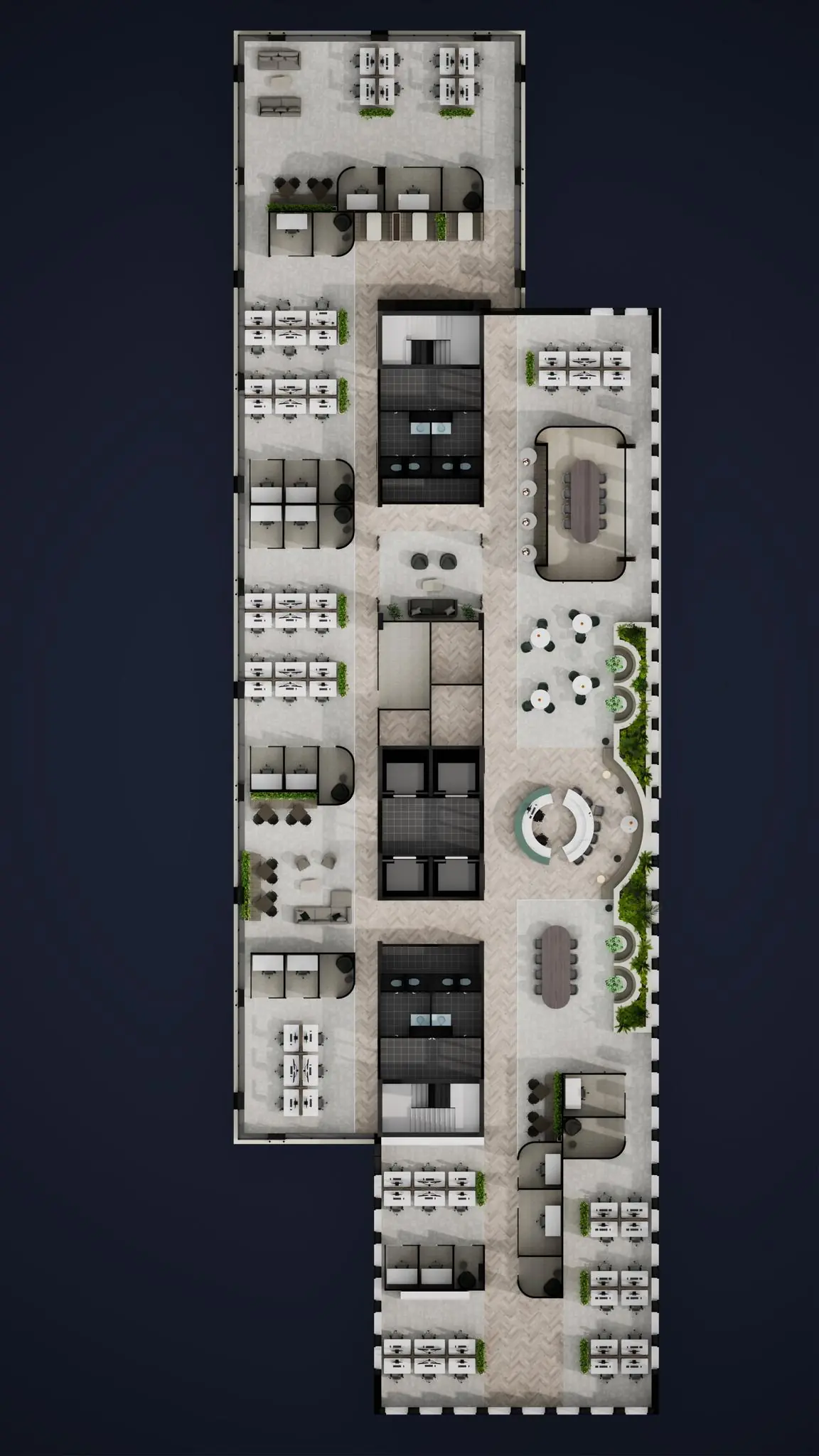 Plattegrond van een modern kantoorinterieur in gebouw De Entree met open werkplekken, vergaderruimtes en een ontvangstruimte.