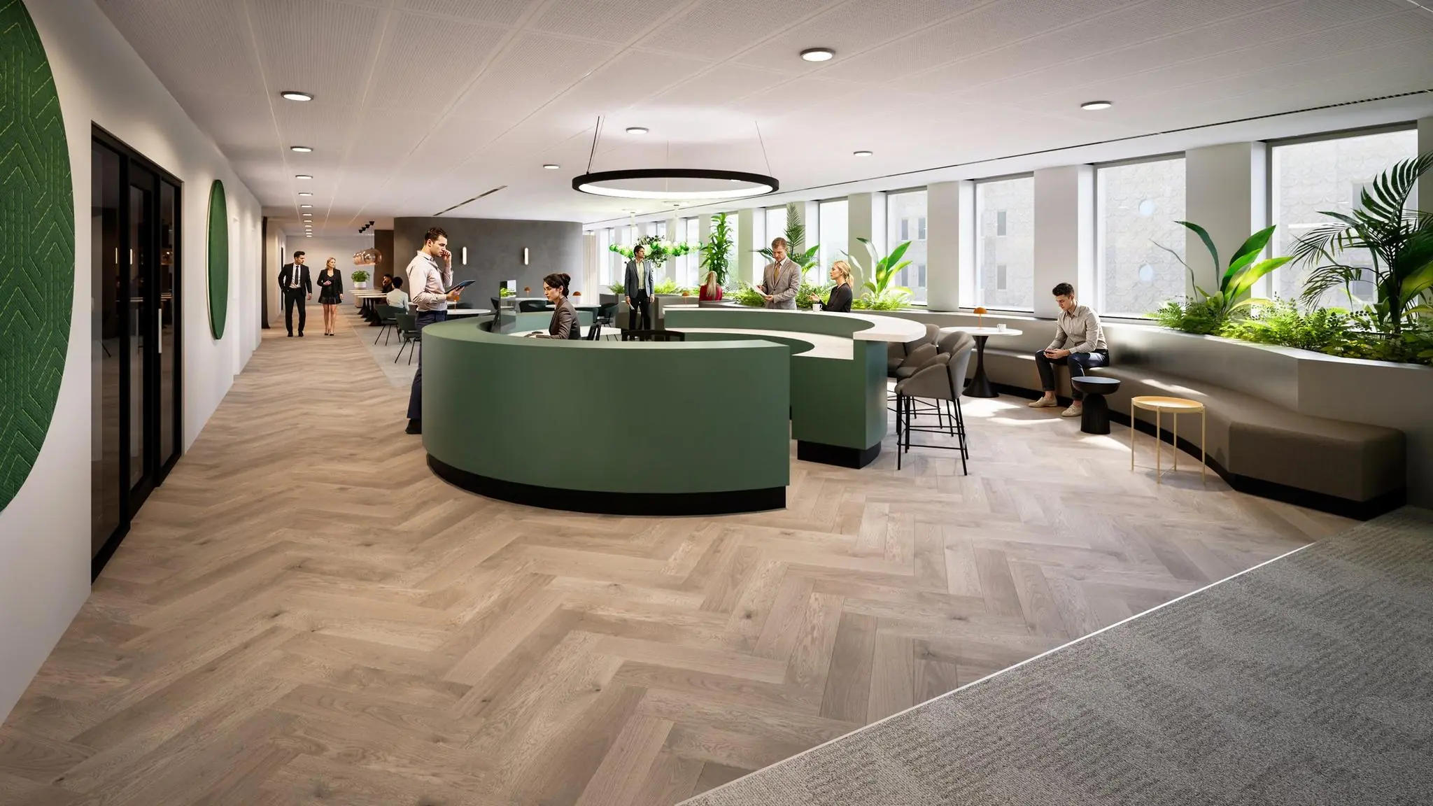 Moderne entree van een kantoorgebouw met een groene receptiebalie, zithoeken en veel natuurlijk licht.