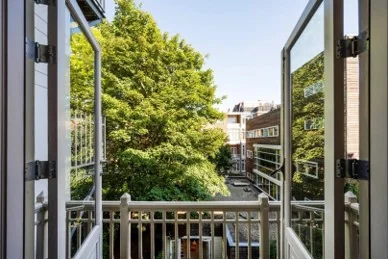 Uitzicht vanaf een open balkon aan de Paulus Potterstraat met zicht op groene bomen en moderne gebouwen.