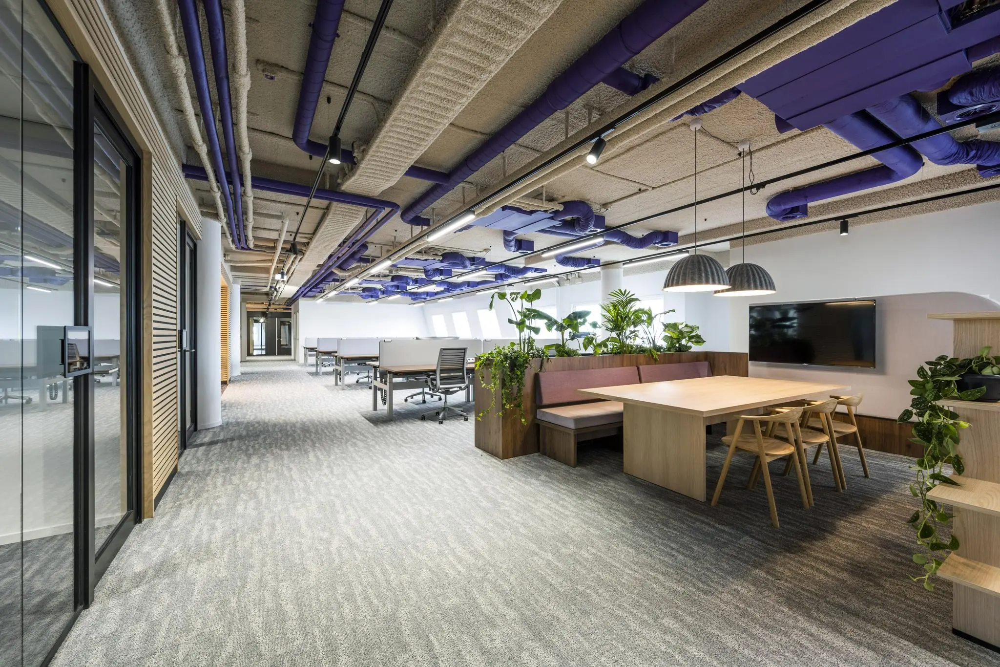 Modern kantoorinterieur aan de Vijzelgracht met open werkplekken, een vergadertafel, veel planten en paarse leidingen aan het plafond.