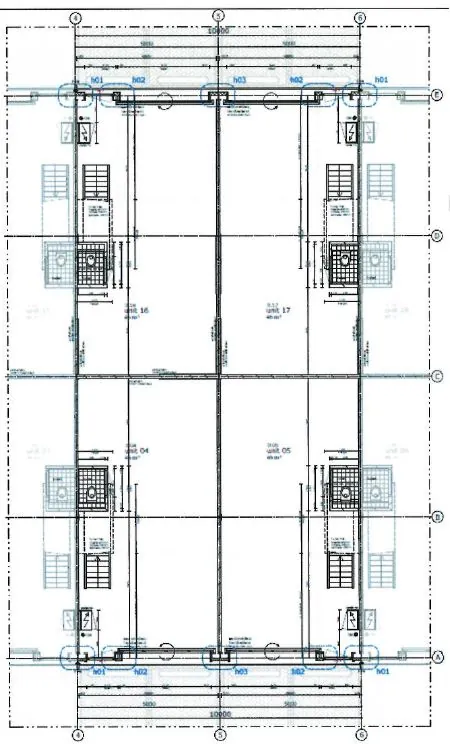 Bouwtekening van een verdieping op het adres Laan van S-Gravenmade met vier units en trappenhuizen.