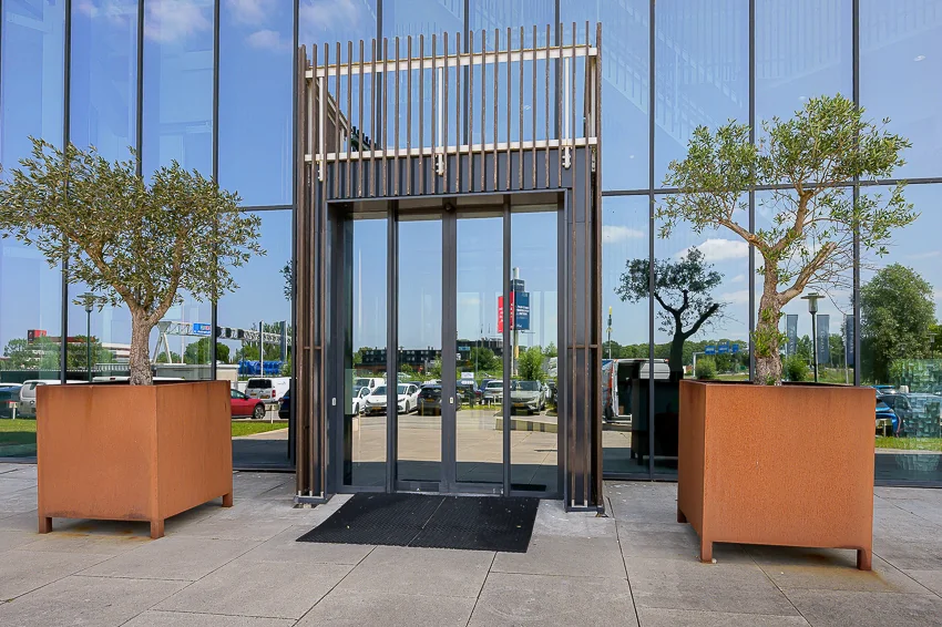 Glass entrance of a modern office building on Laan van Barcelona, framed by large planters with olive trees.