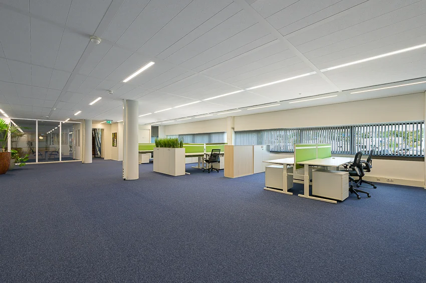 Modern open-plan office space on Laan van Barcelona with desks, green dividers, and blue carpet.