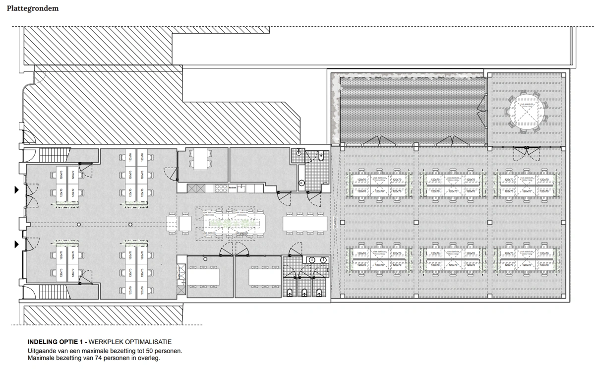 Plattegrond van kantoorruimte aan de Ruysdaelstraat met werkplekopstelling voor optimale bezetting tot 74 personen.
