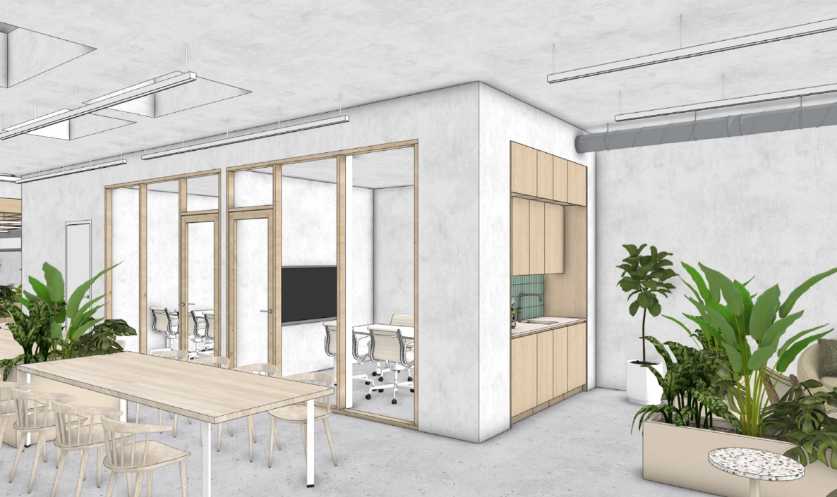 Moderne kantoorruimte aan de Ruysdaelstraat met glazen vergaderruimtes, open zithoek, planten en een kitchenette.