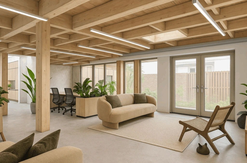 Modern en licht interieur met een houten balkenplafond, beige meubels, veel planten en grote ramen aan de Ruysdaelstraat.