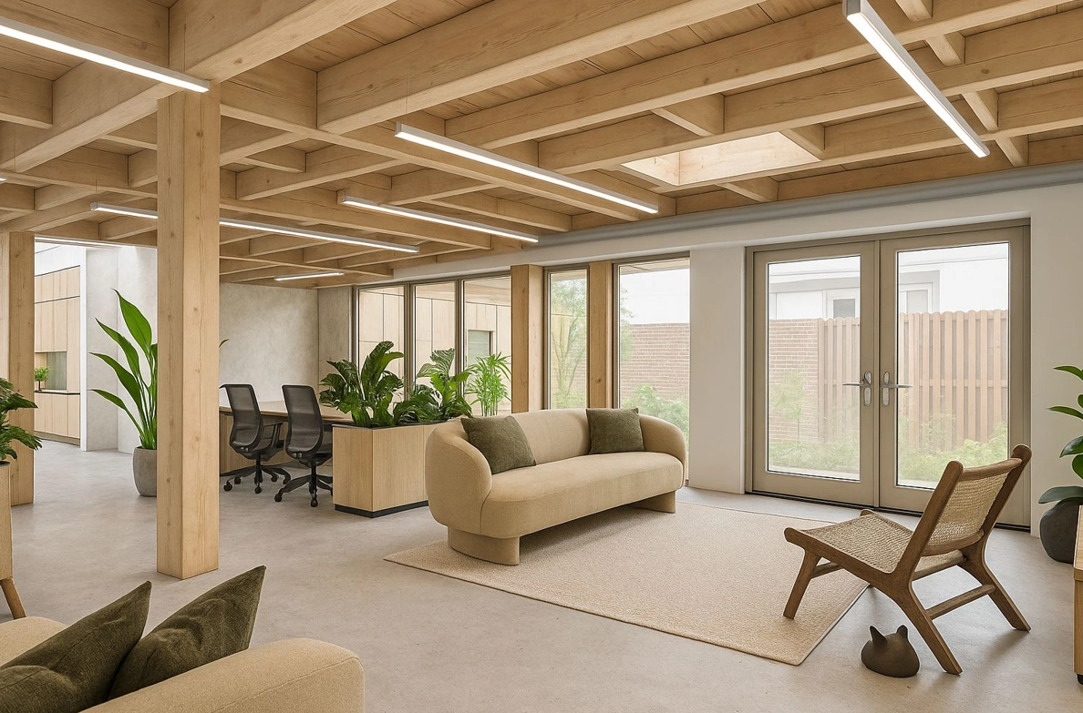 Modern en licht interieur met een houten balkenplafond, beige meubels, veel planten en grote ramen aan de Ruysdaelstraat.