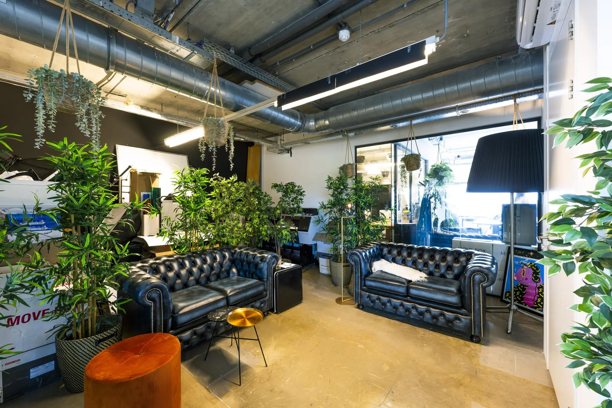 Stijlvolle wachtruimte aan de Johan van Hasseltweg met zwarte leren banken, veel planten en industriële plafonddetails.