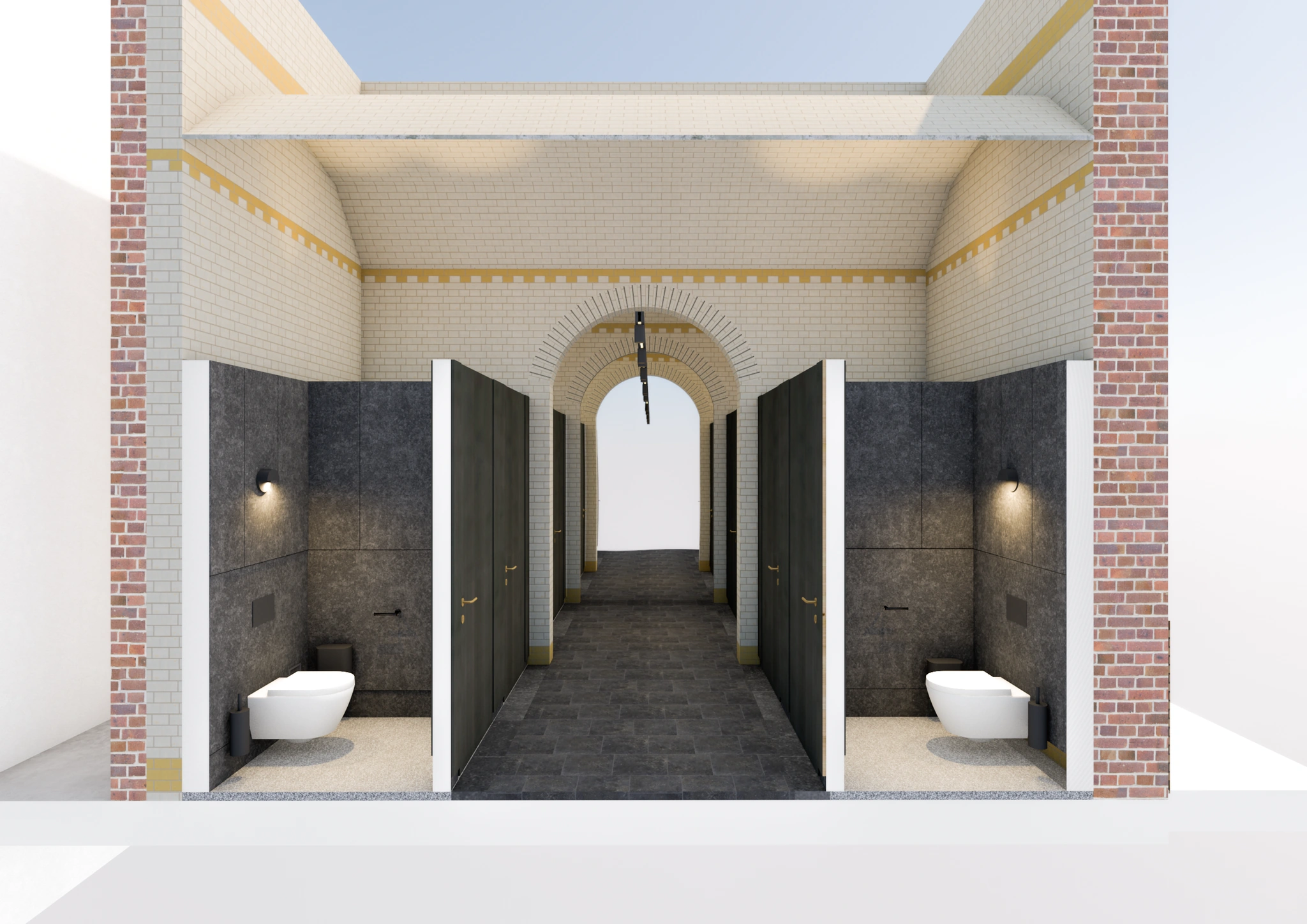 3D-ontwerp van een moderne toiletgroep in een historische gang aan de Leidseweg, met zicht op toiletcabines en gewelfd plafond.