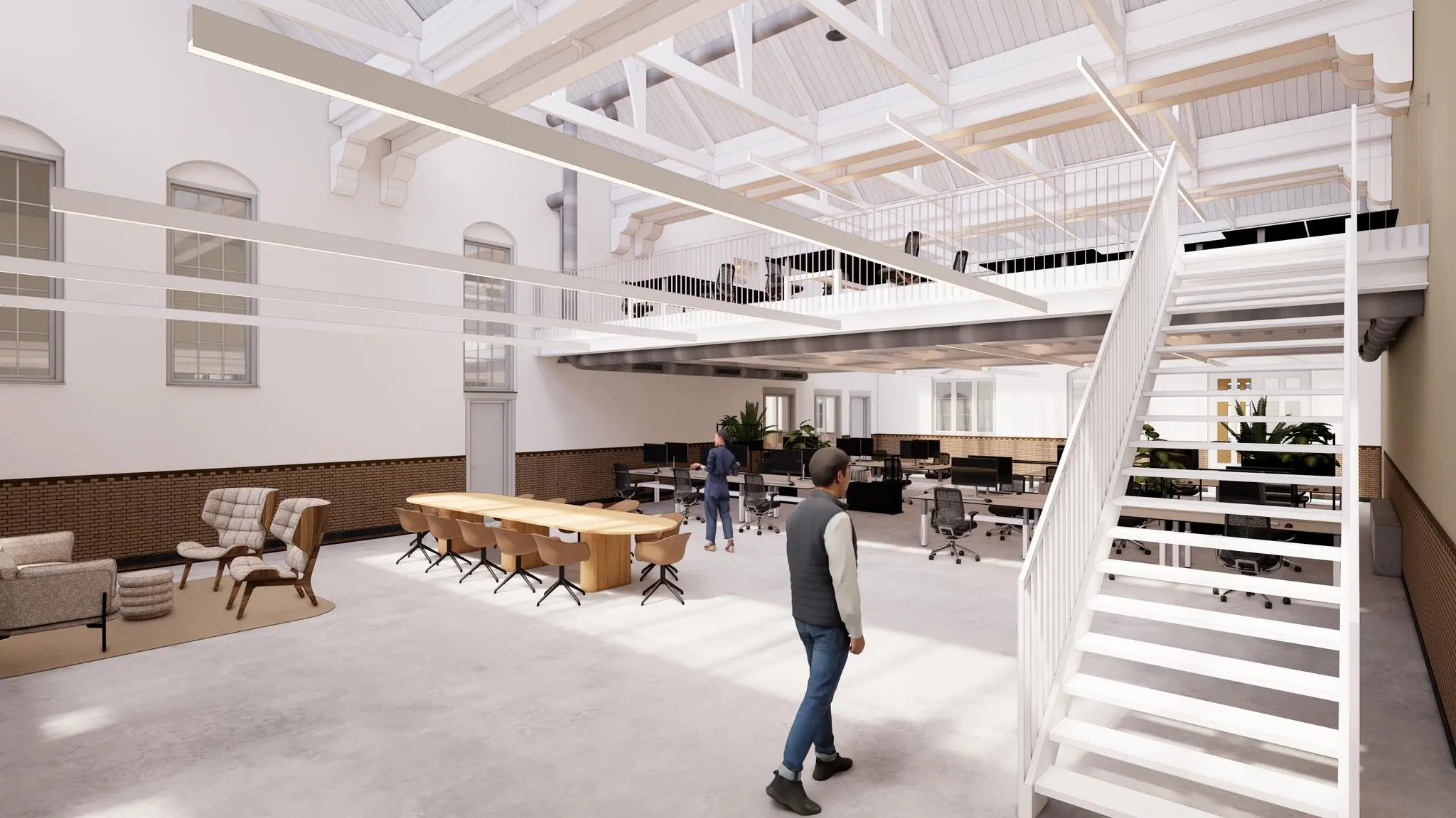 Moderne, lichte kantoorruimte aan de Leidseweg met open werkplekken, vergadertafel en mezzanineverdieping.