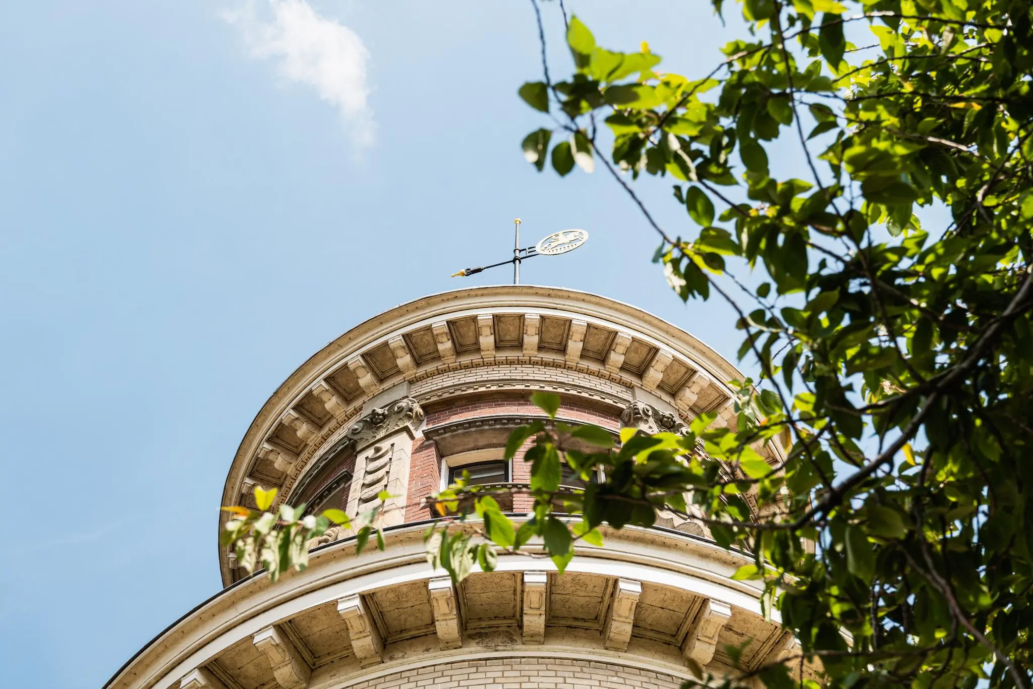 Bovenzijde van een ronde, historische toren aan de Muntkade met windvaan, deels omringd door groene bladeren tegen een blauwe lucht.