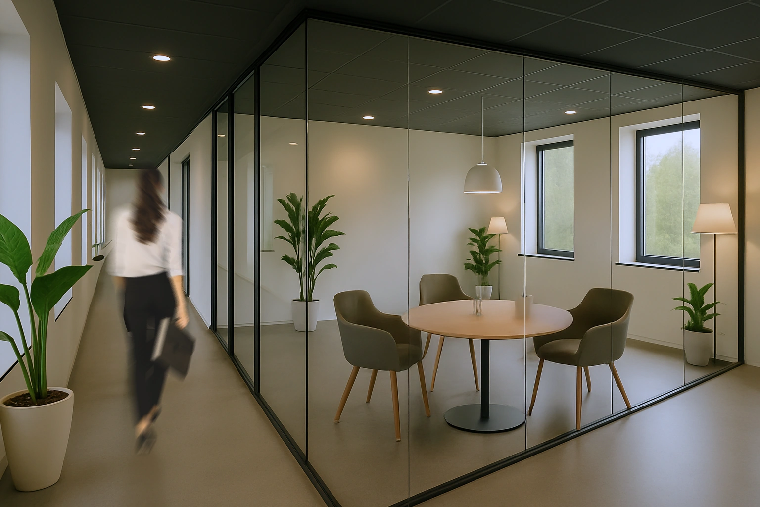 Moderne vergaderruimte met glazen wanden, ronde tafel, vier stoelen en sierplanten, met een vrouw die door de gang loopt.