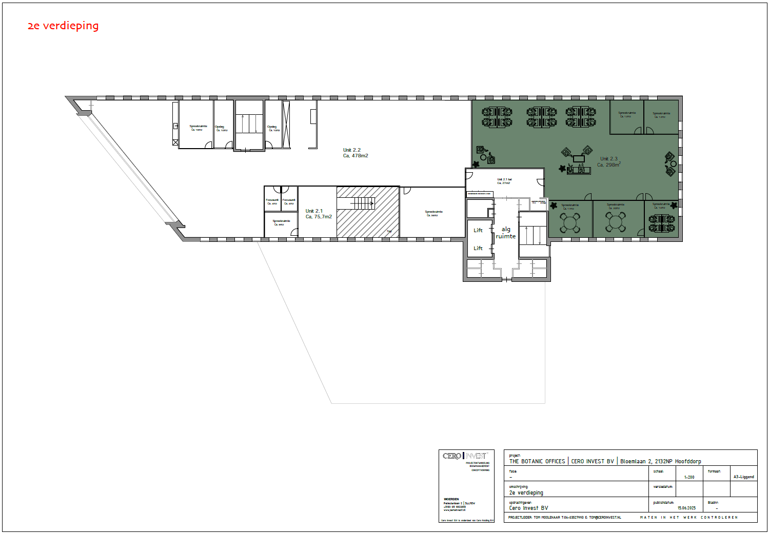 Plattegrond van de tweede verdieping van The Botanic Offices met drie kantooreenheden, algemene ruimtes en liftgedeelte.