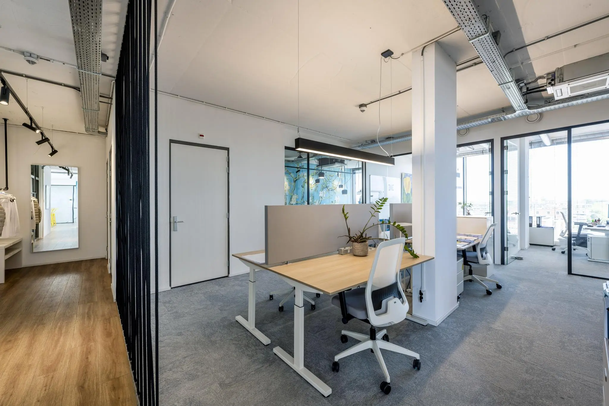 Modern kantoorinterieur met werkplekken, glazen wanden en een kleurrijke muurschildering op het Elizabeth Cady Stantonplein.