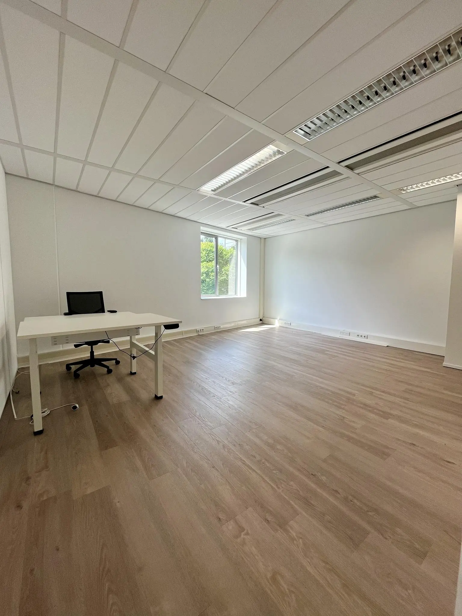 Licht en ruim kantoor met een bureau en bureaustoel aan het Koningin Wilhelminaplein.