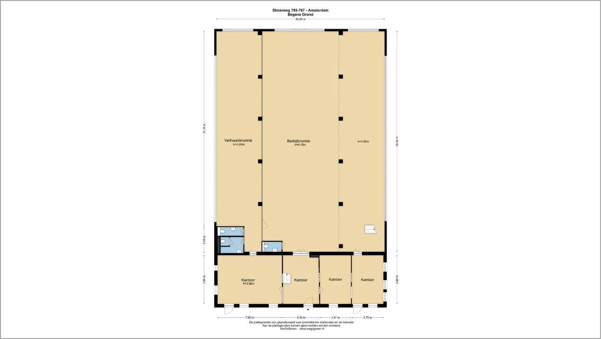 Plattegrond van de begane grond aan Sloterweg 785-787 in Amsterdam met bedrijfsruimte, verhuurde ruimte, kantoren en sanitaire voorzieningen.
