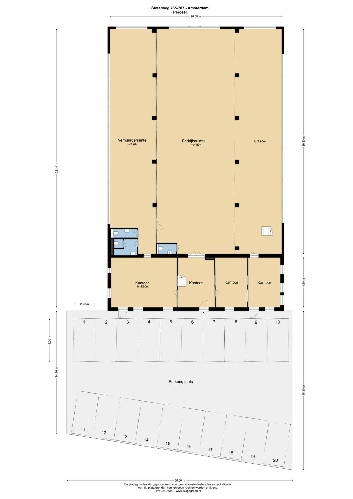 Plattegrond van een bedrijfspand aan de Sloterweg 785-787 in Amsterdam met kantoorruimtes, bedrijfsruimtes en parkeerplaatsen.