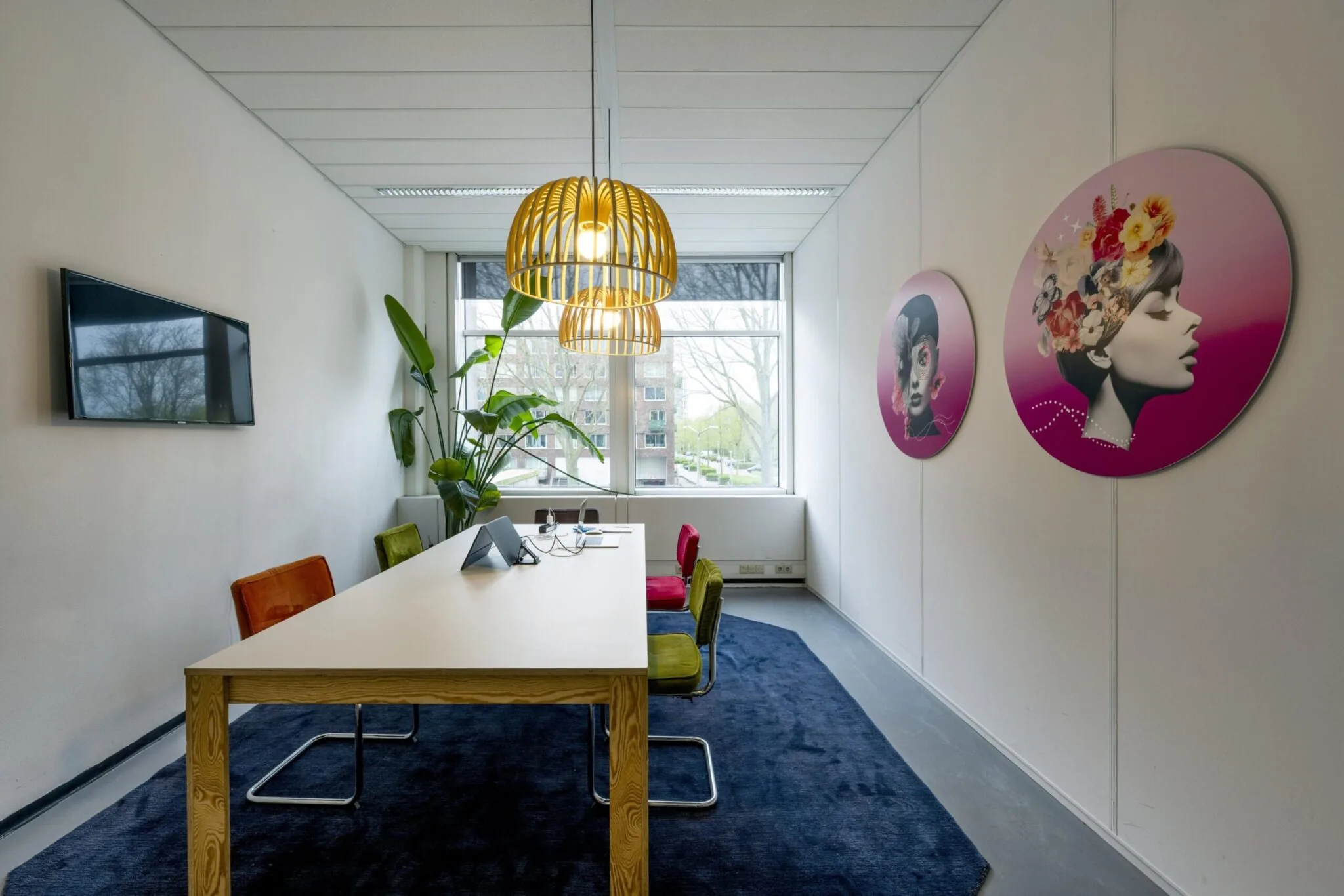Moderne vergaderruimte aan de Laan van Kronenburg met kleurrijke stoelen, grote plant, wanddecoratie en uitzicht op buiten.