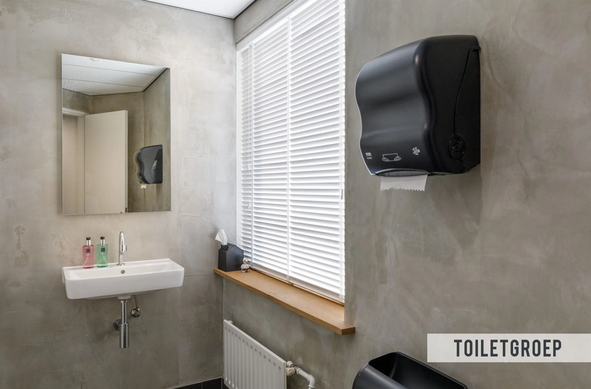 Modern toilet met betonnen wandafwerking, een witte wasbak, spiegel, en zwarte papieren handdoekdispenser aan de Baarnsche Dijk.