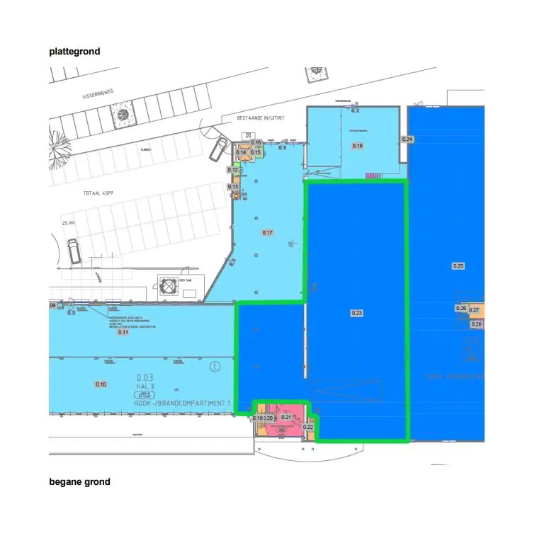 Plattegrond van de begane grond van Weesperstraat 175 met verschillende ruimtes en kleurcoderingen.