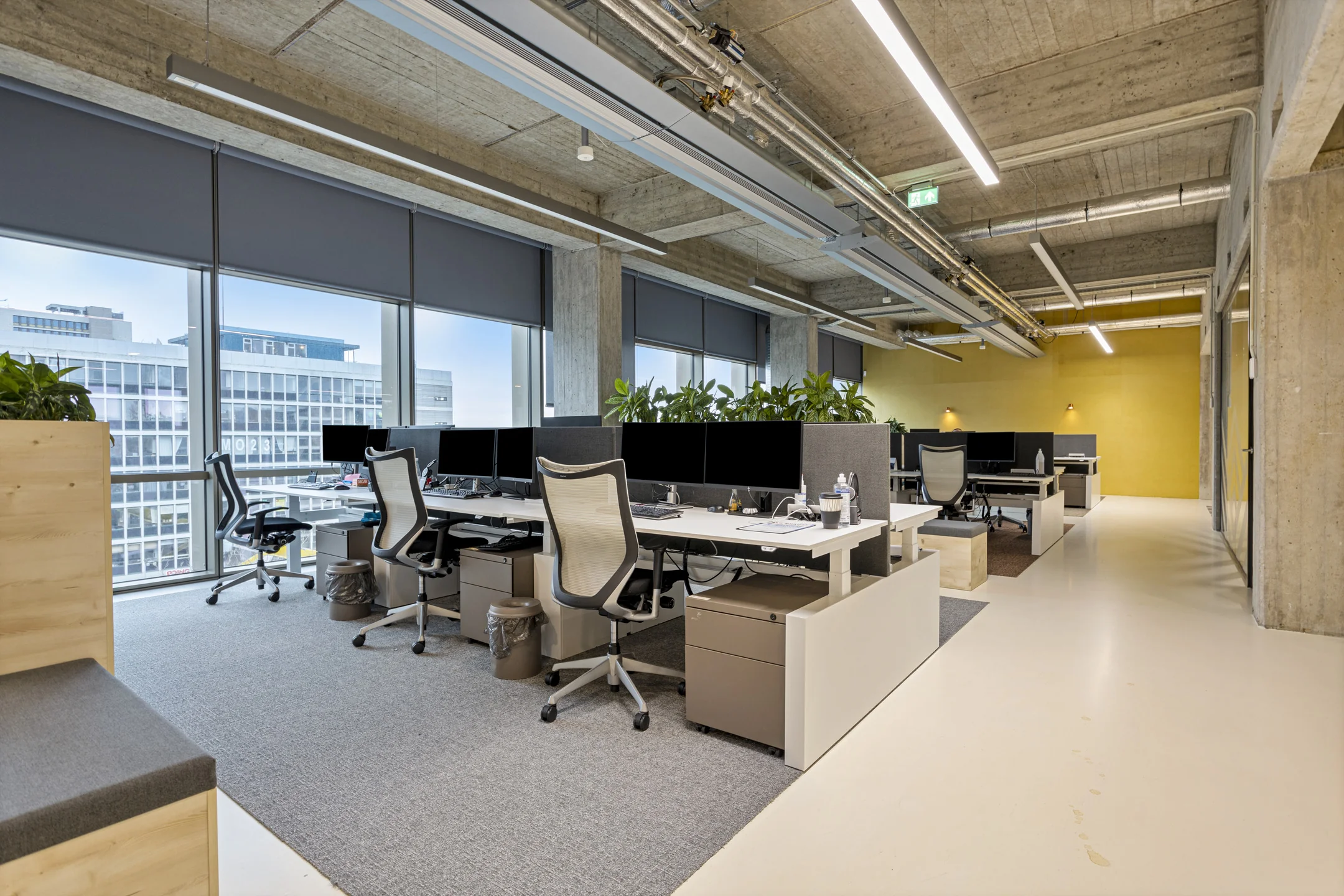 Een moderne, ruime kantoorruimte in Hofplein met bureaus, stoelen en planten.