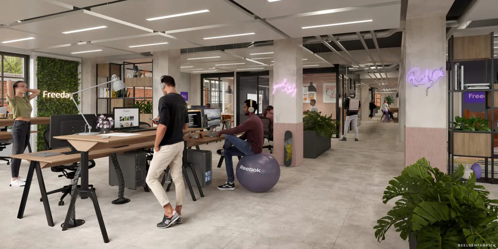 Moderne open kantoorruimte aan de Nieuwe Looiersstraat met mensen die werken, ontspannen en overleggen in een creatieve omgeving.