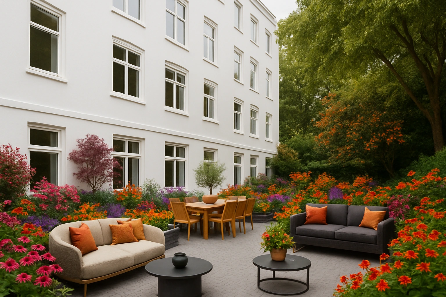 Zonnige binnentuin aan de Nieuwe Looiersstraat met kleurrijke bloemen, moderne tuinmeubels en een wit herenhuis op de achtergrond.