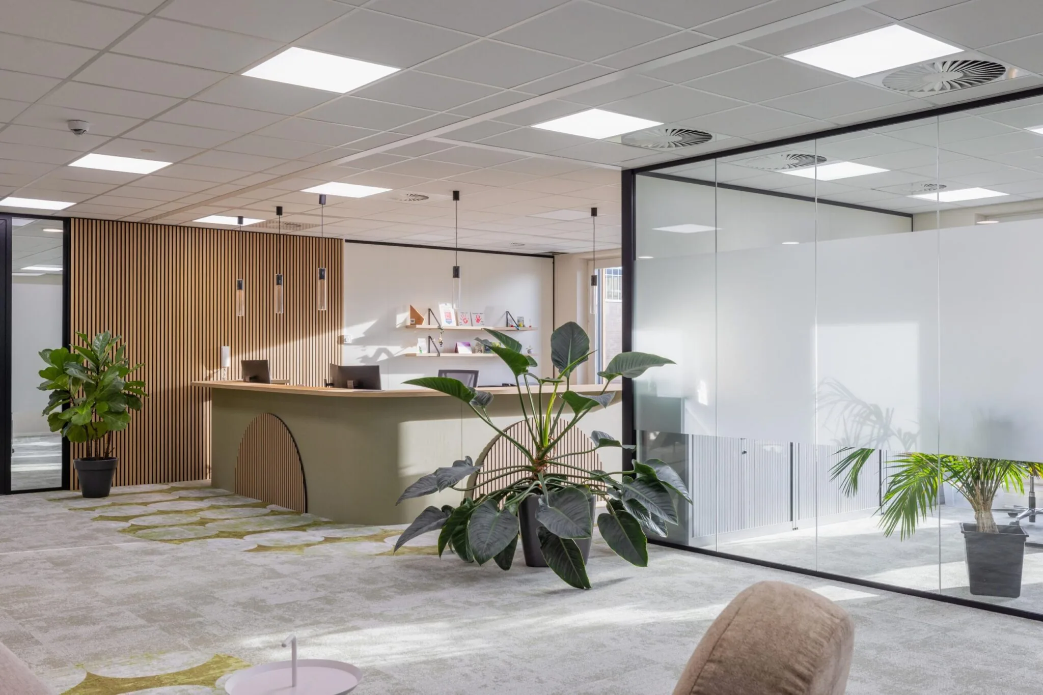 Moderne receptieruimte aan de Paasheuvelweg met houten accenten, glazen wanden en grote kamerplanten.