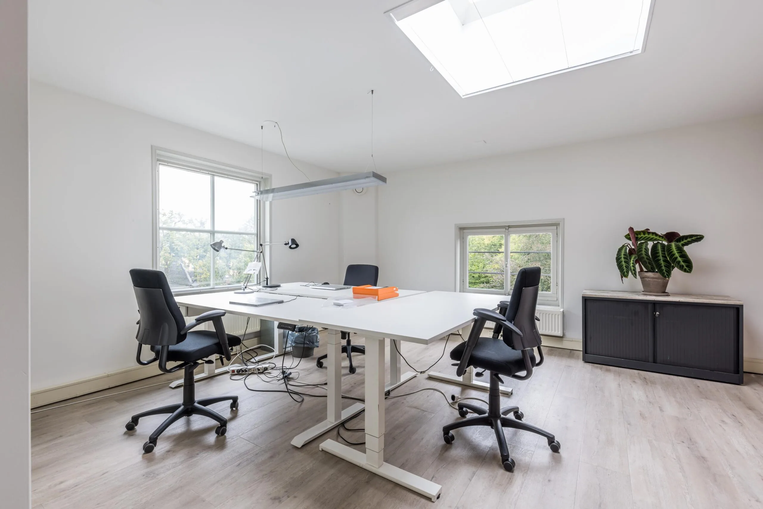 Modern, licht kantoor met vier bureaustoelen, een grote witte vergadertafel en een kast met een groene plant aan de Driebergseweg.