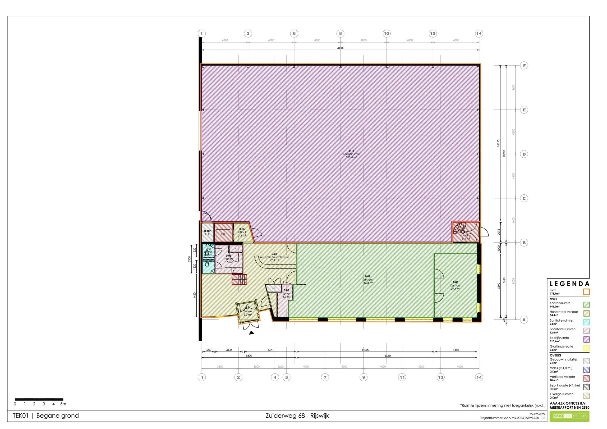 Plattegrond van de begane grond van Zuiderweg 68 in Rijswijk met verschillende gekleurde ruimtes, waaronder een bedrijfsruimte, kantoor en sanitaire voorzieningen.