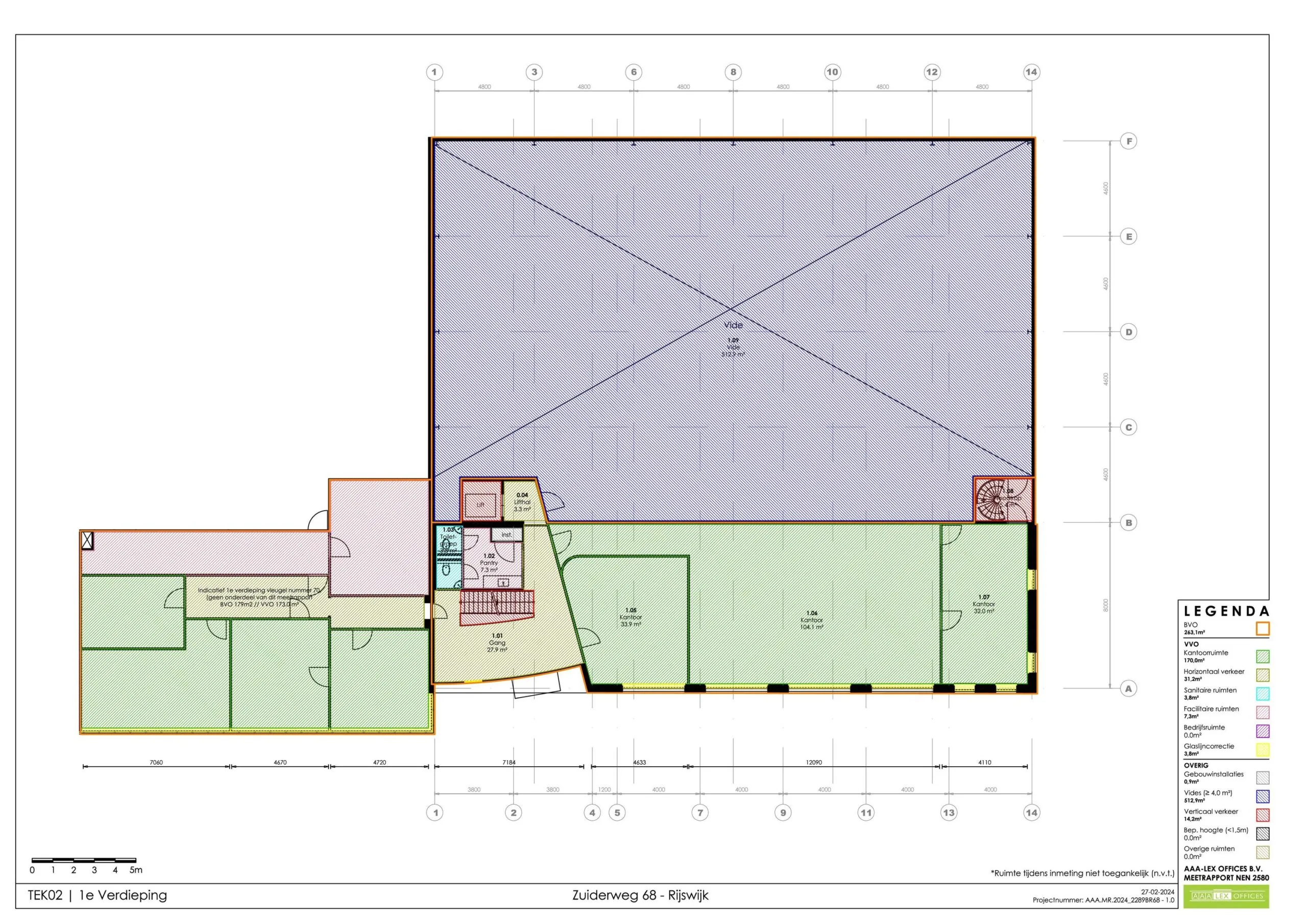 Plattegrond van de eerste verdieping van een gebouw aan de Zuiderweg 68 in Rijswijk met verschillende kantoor- en opslagruimtes.