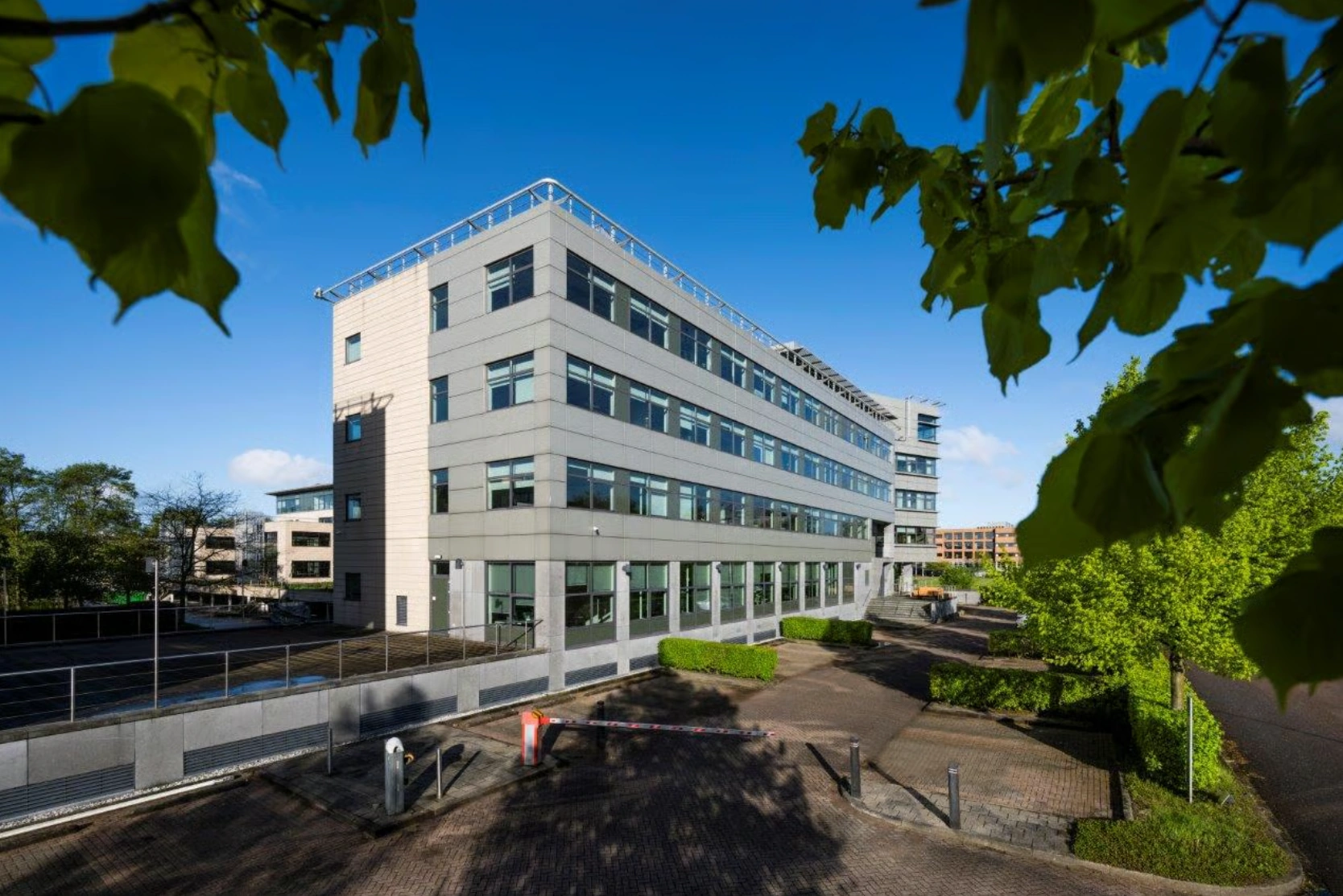 Modern kantoorgebouw aan de Boeing Avenue met ruime ramen, omgeven door groen en een heldere blauwe lucht.