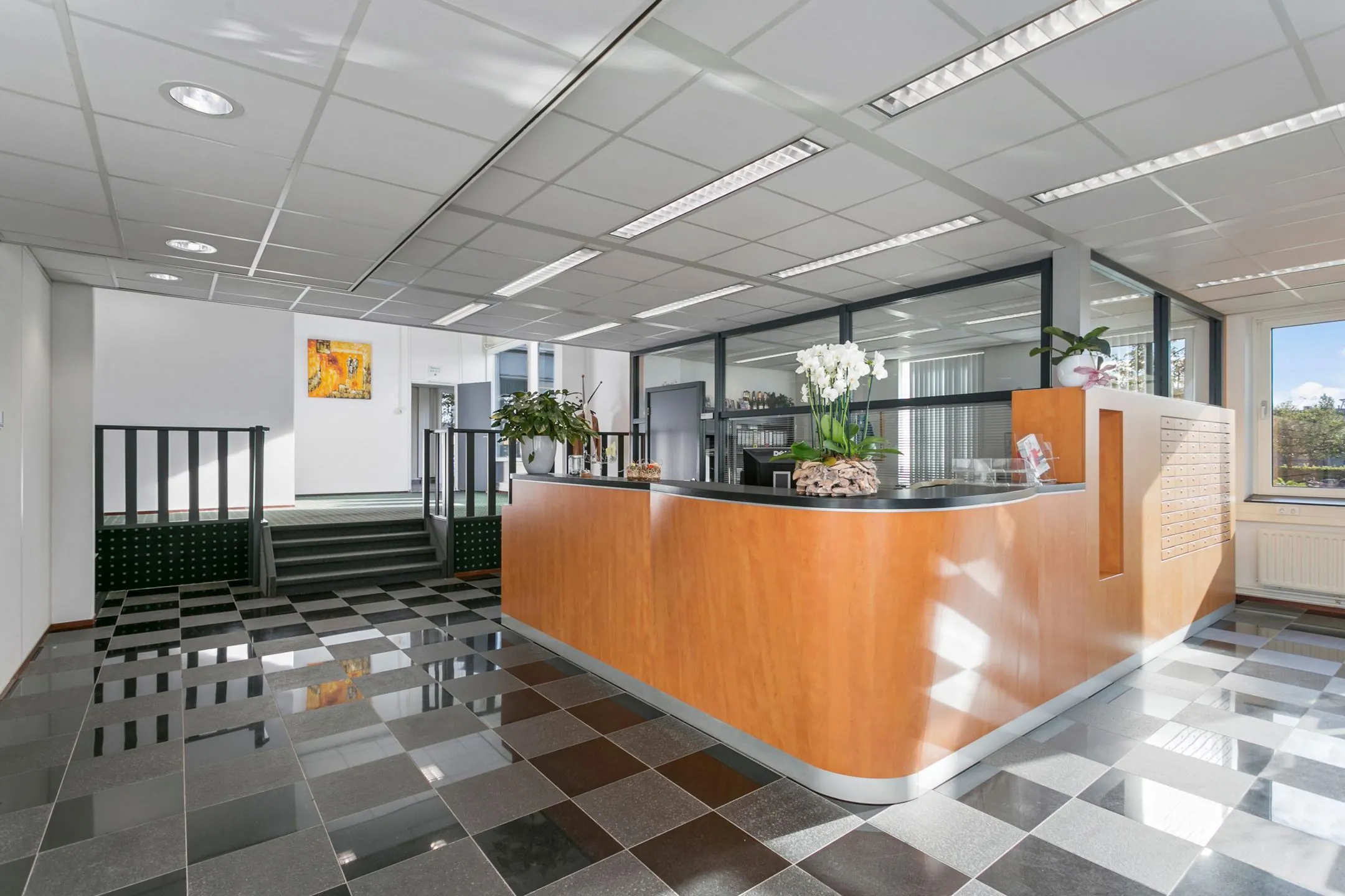 Receptiebalie in een modern kantoor aan de Hoefsmidstraat met zwart-wit geblokte tegelvloer en planten als decoratie.