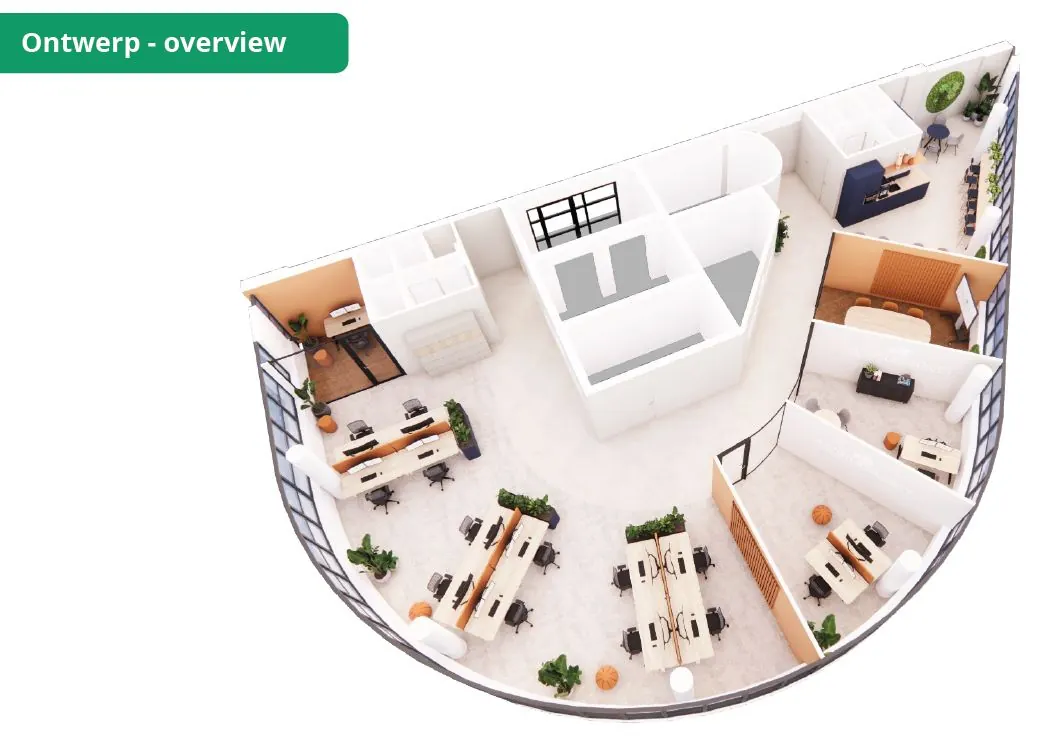 Ontwerp van een modern kantoorinterieur met diverse werkplekken en vergaderruimtes.