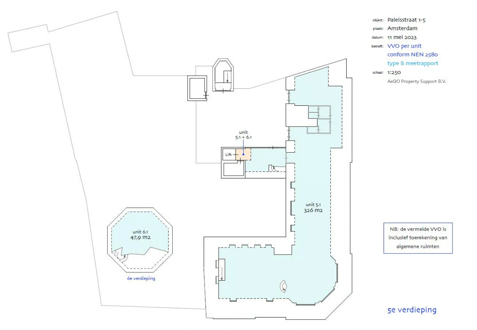 Plattegrond van de 5e en 6e verdieping van Paleisstraat 1-5 in Amsterdam met units 5.1 en 6.1 en hun respectievelijke oppervlakten.